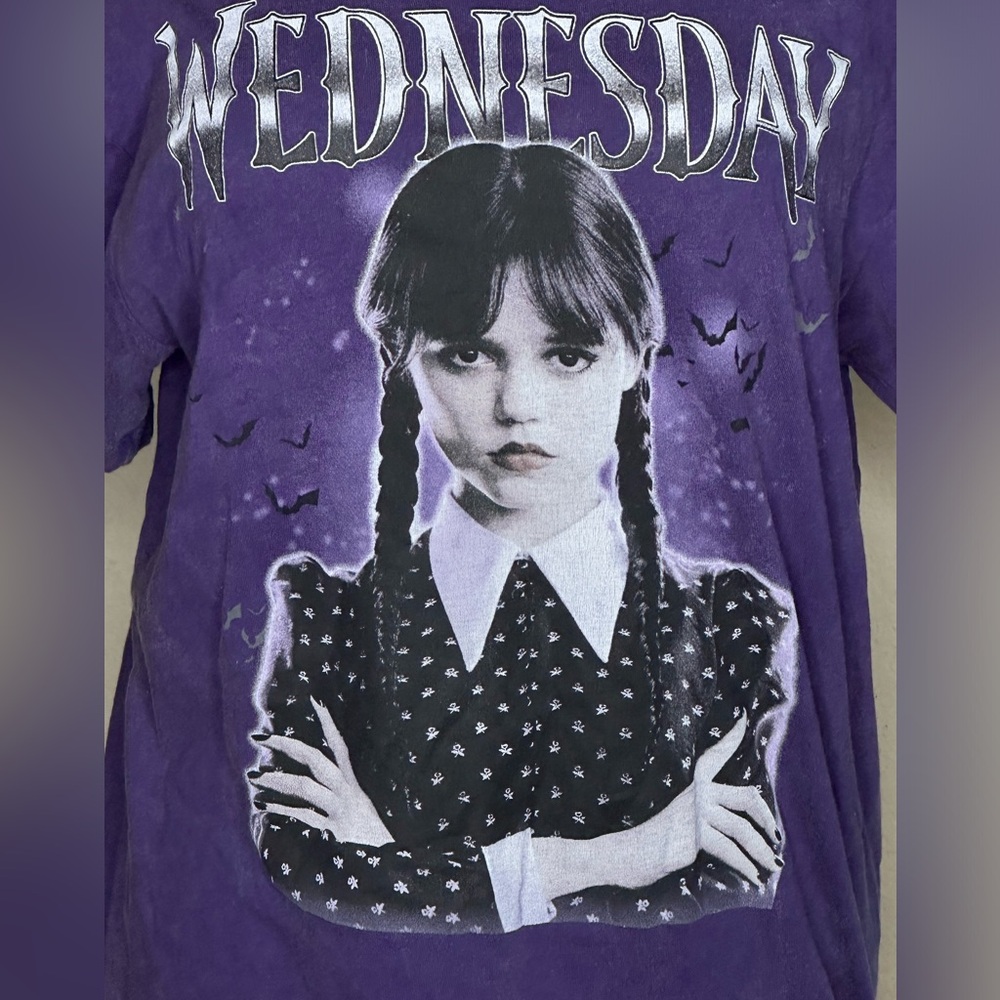 WEDNESDAY ADAMS PURPLE TEE SHIRT HALLOWEEN READY -ADAMS FAMILY FANS NWT LARGE